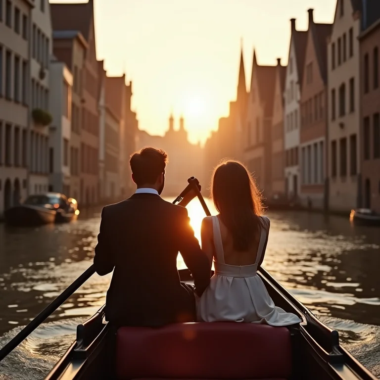 Casal em passeio romântico de gôndola em Bruges, Bélgica