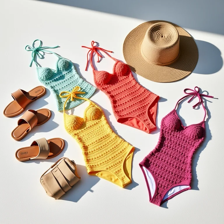 Close-up de roupas de crochê coloridas e acessórios de praia