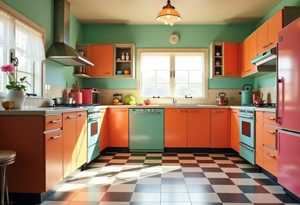 Cozinha retrô: 7 truques INFALÍVEIS para um visual autêntico Cozinha retrô com cores vibrantes, eletrodomésticos vintage e piso xadrez