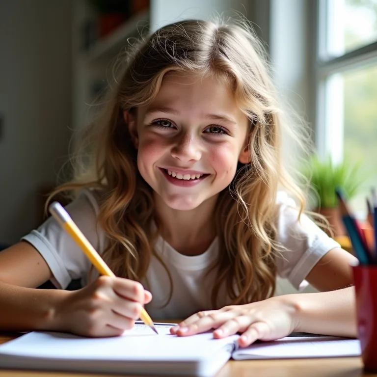 Criança branca sorrindo enquanto faz a lição de casa, representando o trabalho educativo