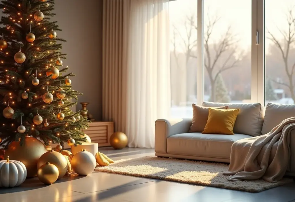 Decoração de Natal dourada em sala de estar elegante