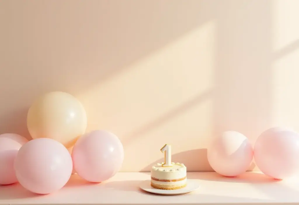 Decoração elegante de festa de 1 ano com balões e bolo.