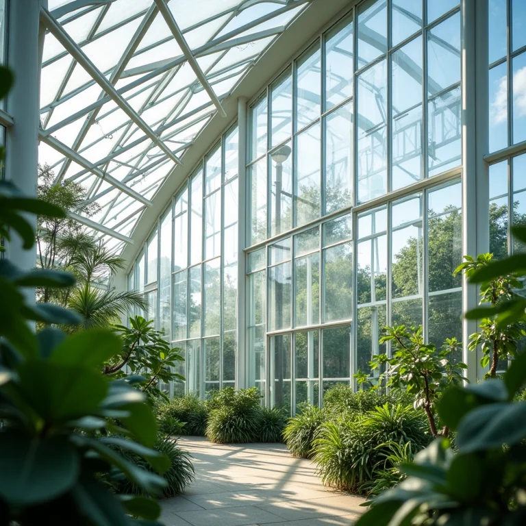 Detalhes da estrutura de vidro e aço da estufa do Jardim Botânico de Curitiba