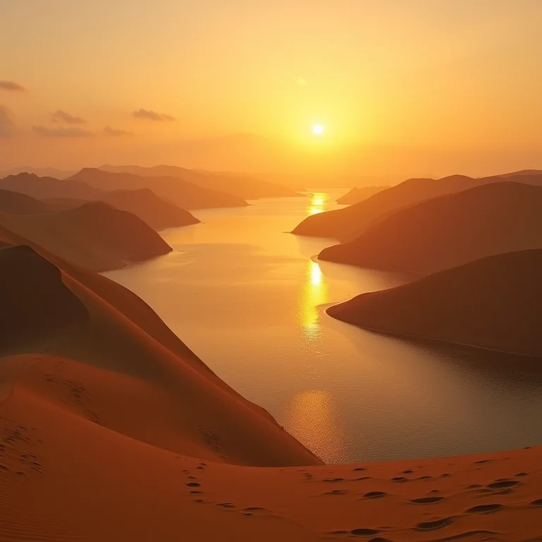 Dunas e lagoa em Jericoacoara com pôr do sol dourado