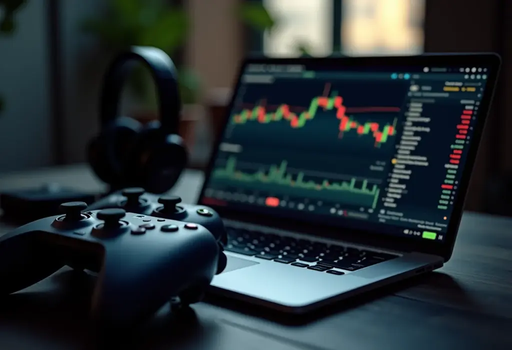 Equipamentos de jogos e laptop simbolizando investimento no mercado de games