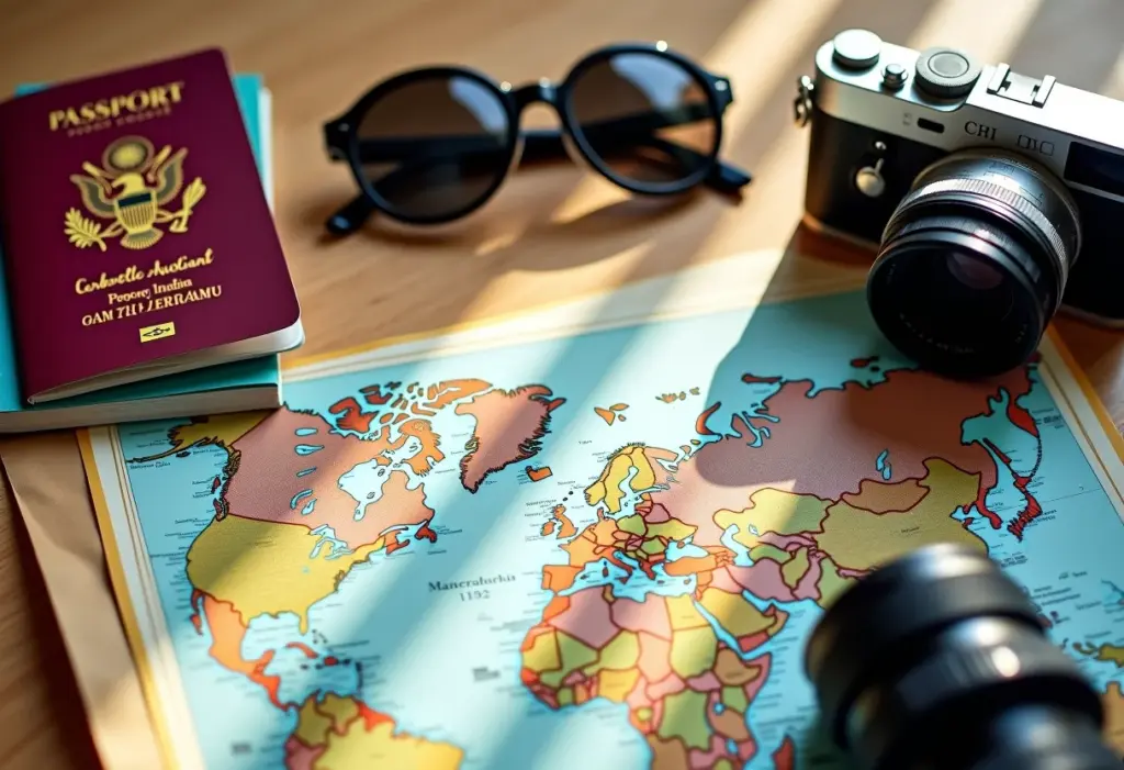 Essenciais de viagem dispostos artisticamente
