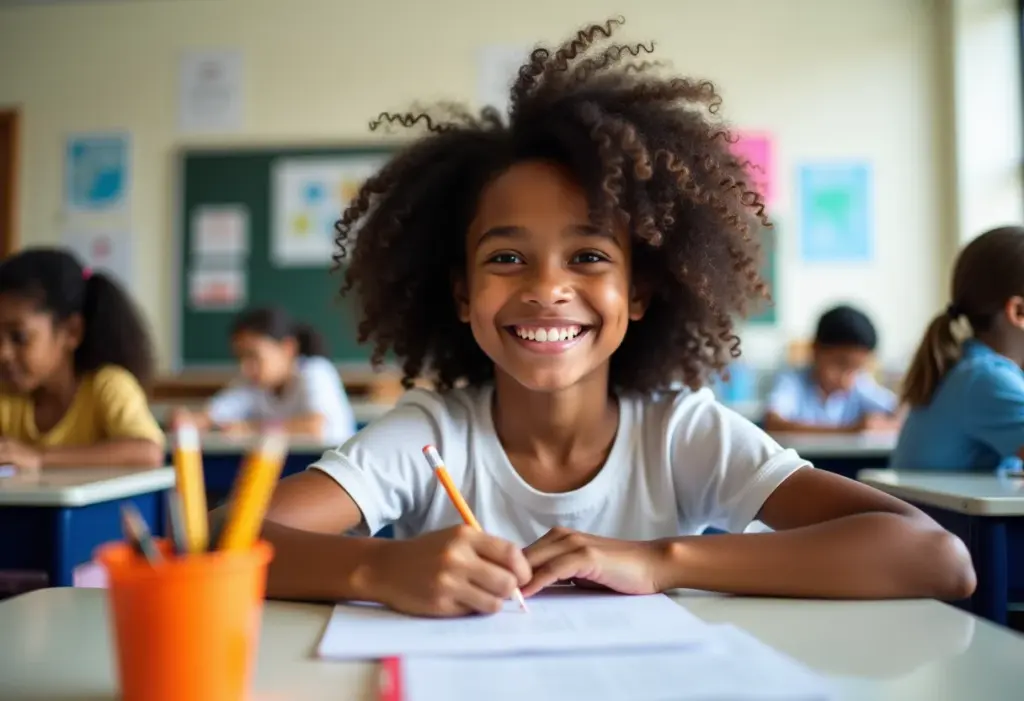 Estudante negra sorrindo em sala de aula inclusiva