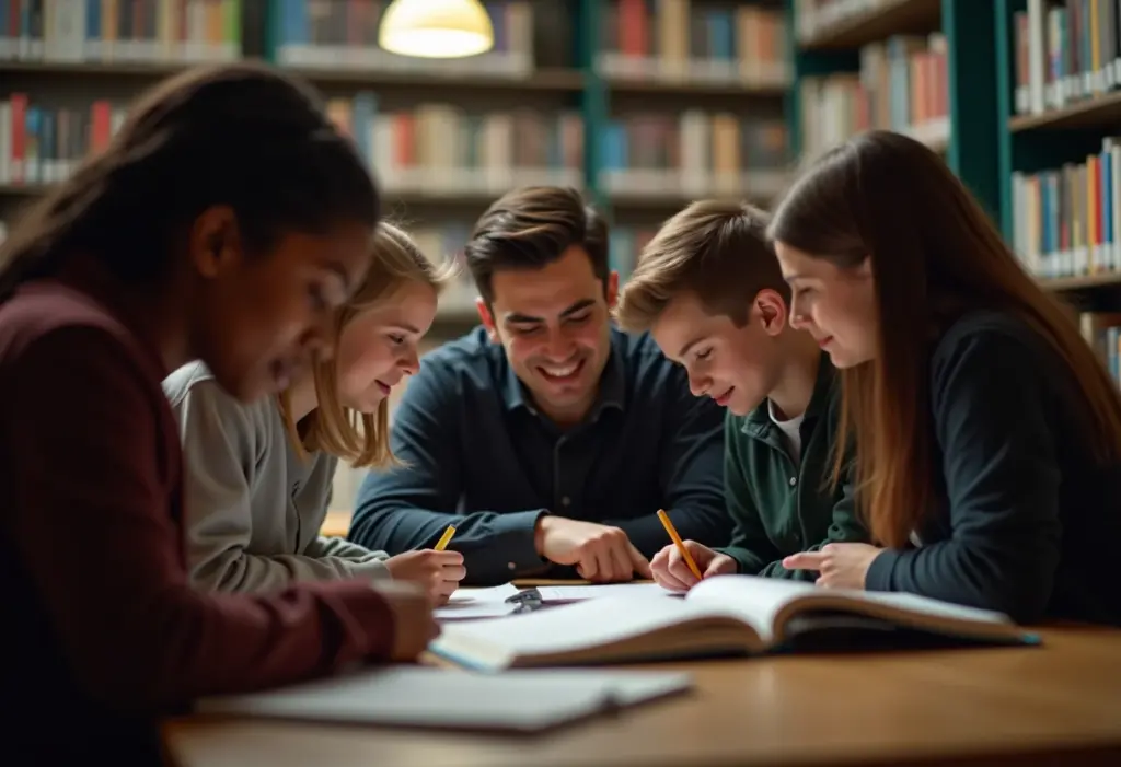 Estudantes diversos colaborando em ambiente de estudo moderno