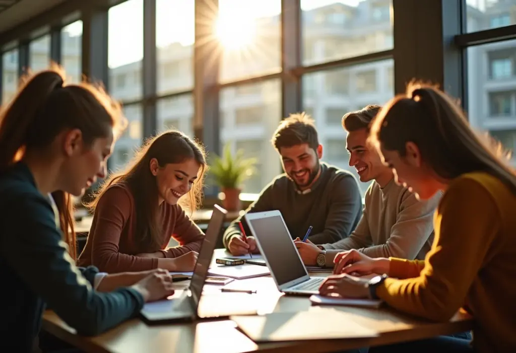 Estudantes diversos colaborando em projeto na biblioteca.