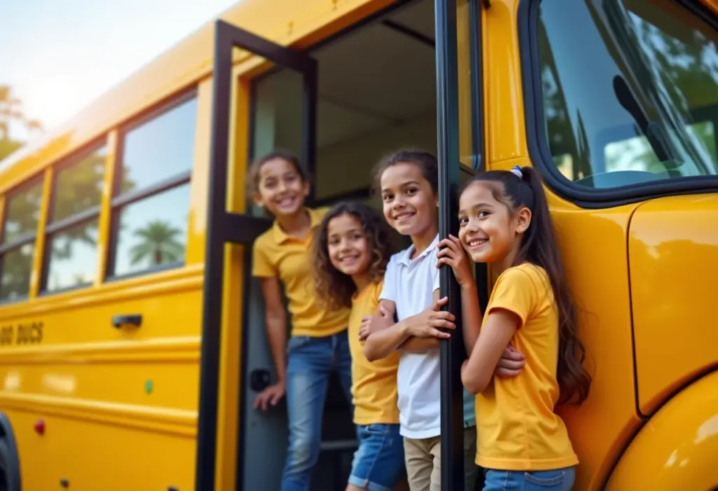 Estudantes embarcando em ônibus escolar amarelo