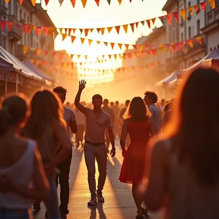 Festival de rua vibrante com pessoas dançando e celebrando