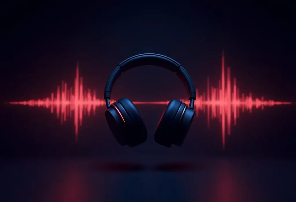 Fones de ouvido sem fio flutuando em um estúdio escuro com visualização de ondas sonoras.