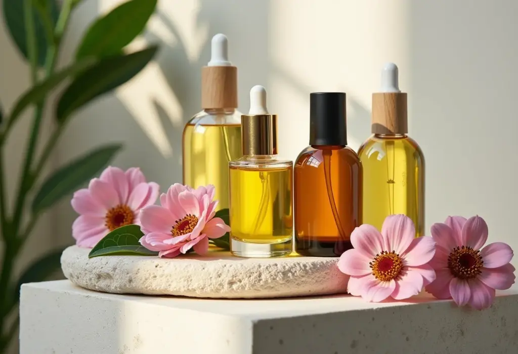 Guia dos Óleos de Banho: Descubra o ideal para sua pele Frascos de óleos de banho variados dispostos sobre uma superfície de pedra com flores e folhas.