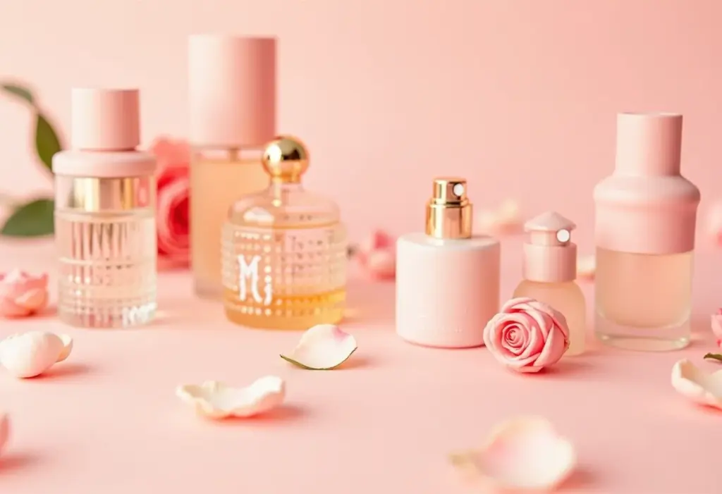 Frascos de perfumes florais femininos em composição minimalista com pétalas de rosa.