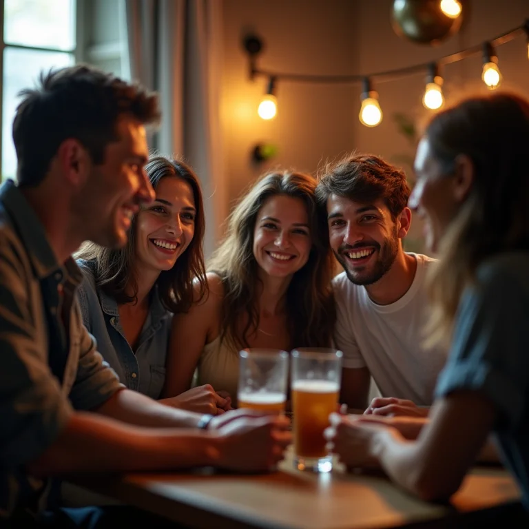 Grupo diverso de viajantes em hostel rindo e compartilhando histórias