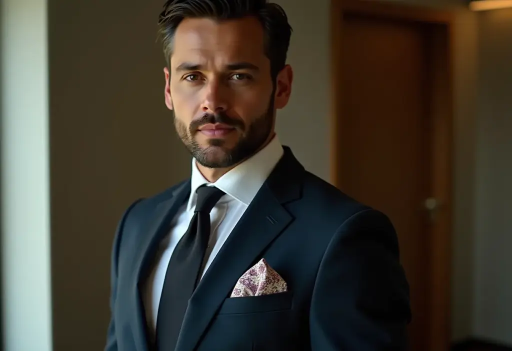 Homem elegante usando terno com lenço de bolso texturizado.
