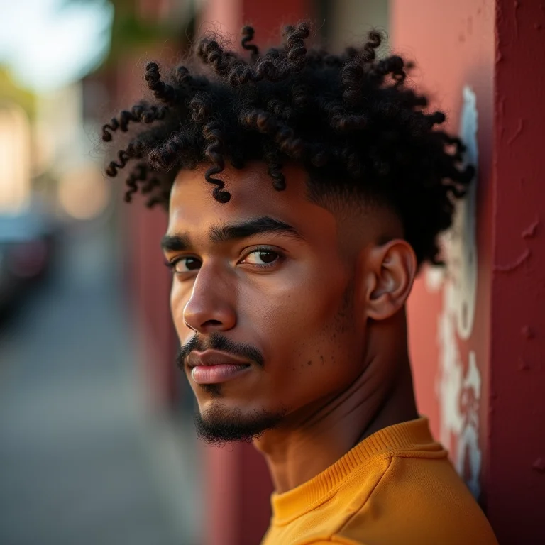 Homem latino com undercut cacheado e design criativo