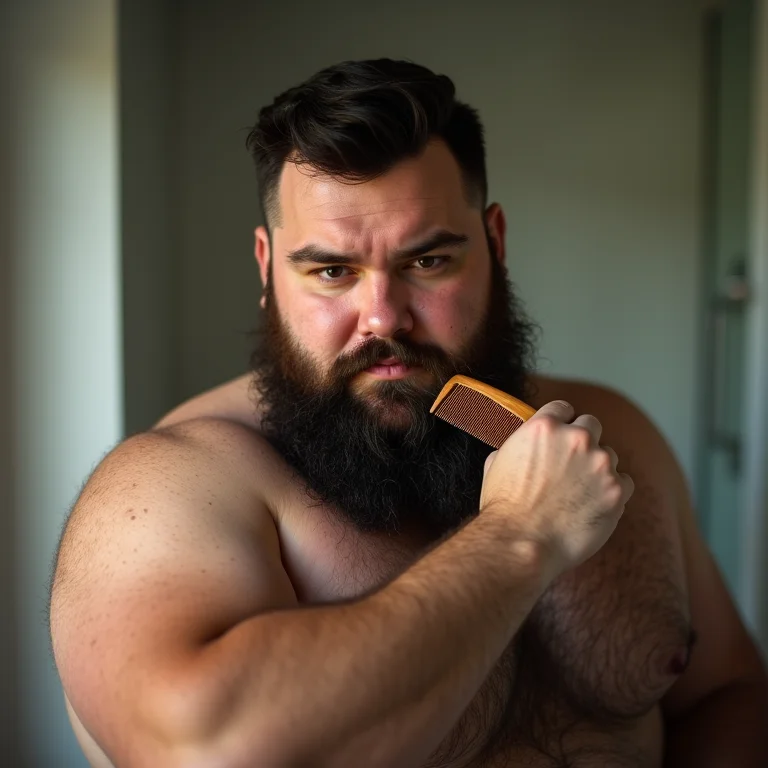 Homem plus size penteando e modelando a barba