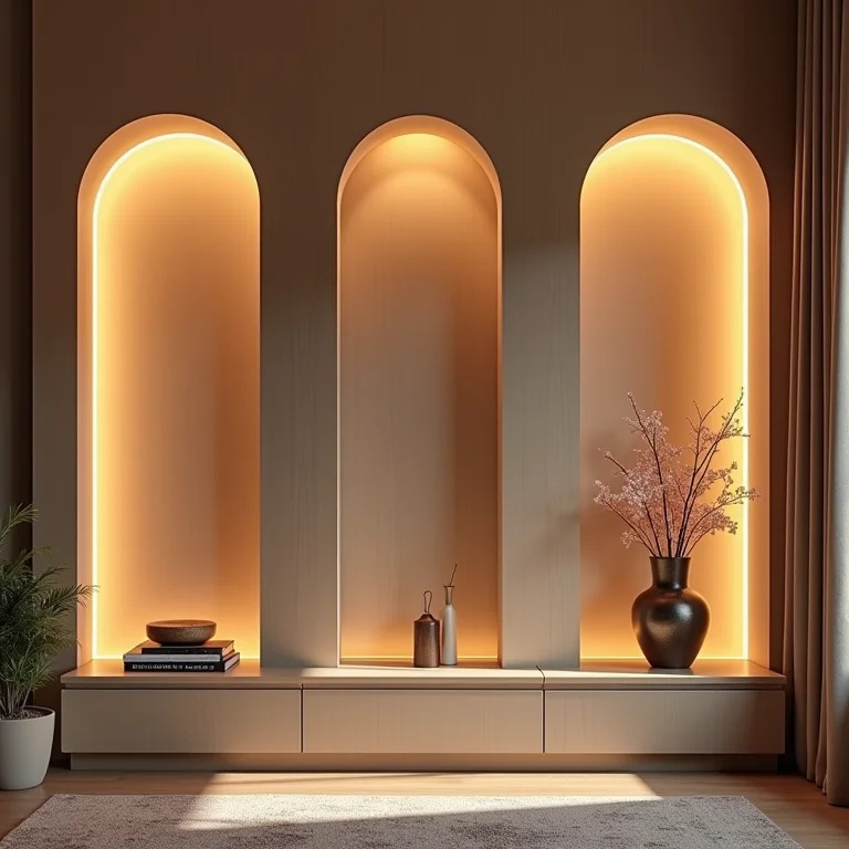 Iluminação destacando decoração em painel de TV