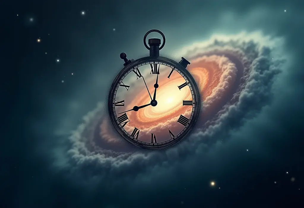 Ilustração conceitual de uma viagem no tempo, combinando elementos de espaço e tempo.