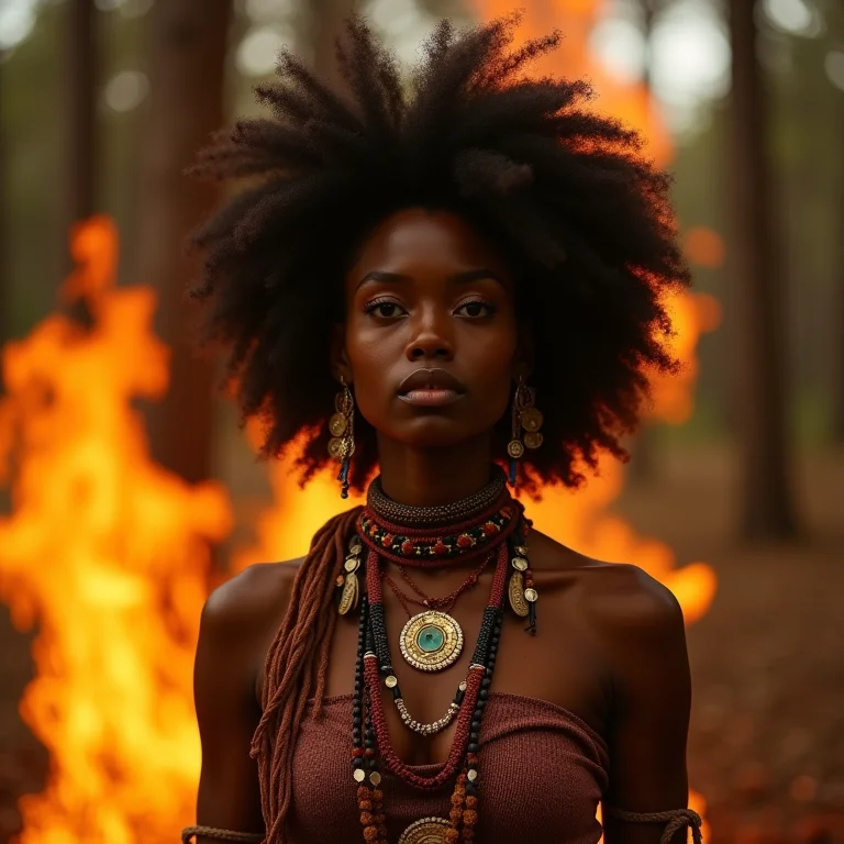 Indígena negra em frente à floresta em chamas