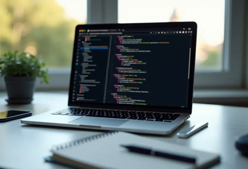 Interface do GitHub exibida em um laptop com acessórios de escritório minimalistas ao redor.