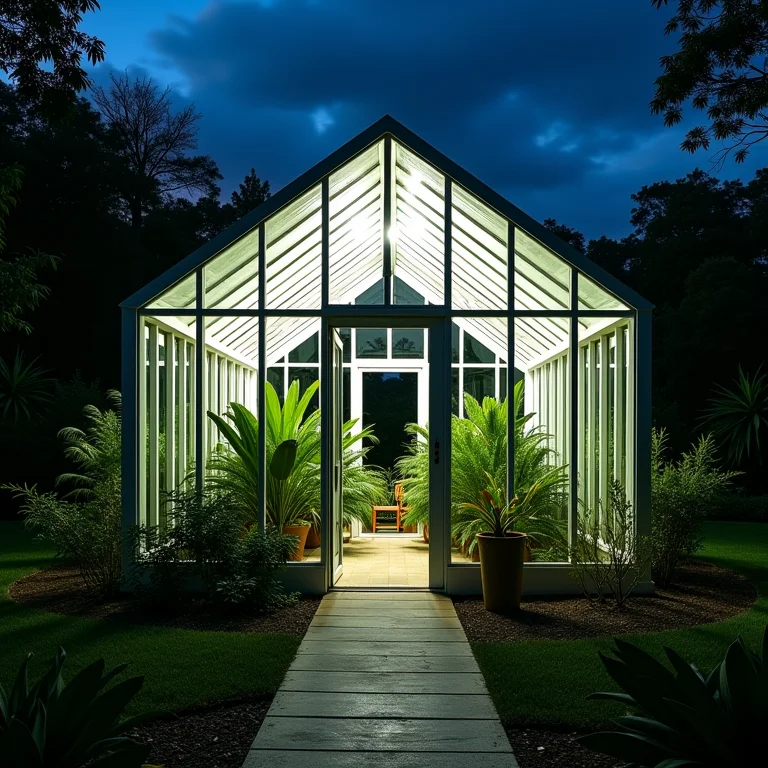 Interior da estufa do Jardim Botânico de Curitiba iluminada à noite