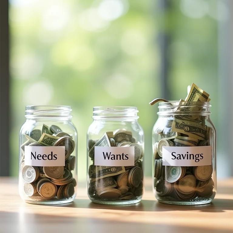 Jars com etiquetas 'Necessidades', 'Desejos' e 'Poupança'.