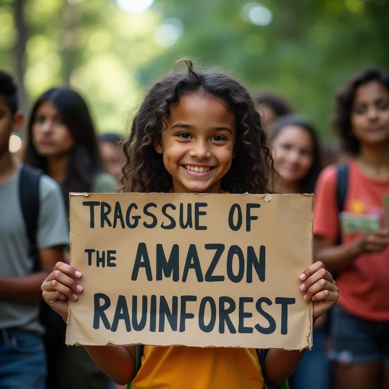 Jovem segurando cartaz em manifestação pela Amazônia