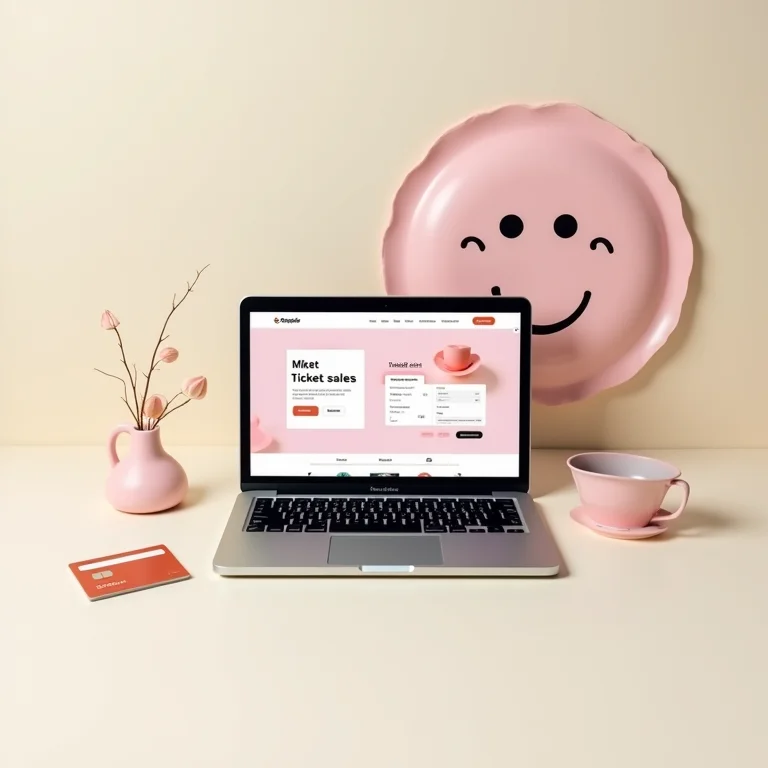 Laptop mostrando site de vendas de ingressos confiável, com cartão de crédito e emoji de satisfação.