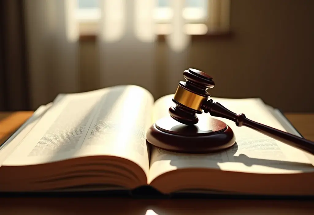 Sentença no processo de família: o que você precisa saber AGORA Livro de direito aberto com um martelo de juiz, representando uma sentença judicial.