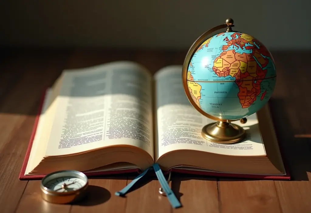 ENEM: Geografia nunca foi tão fácil, guia prático para sua aprovação Livro de Geografia aberto com bússola e globo terrestre.