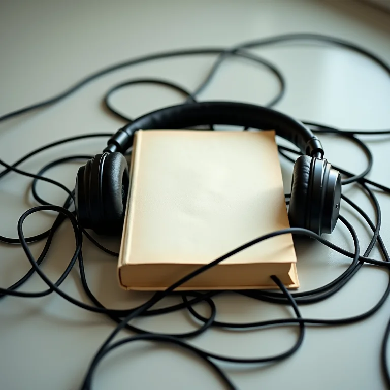 Livro fechado com fios de fone de ouvido emaranhados, representando barreiras à implementação da educação colaborativa.
