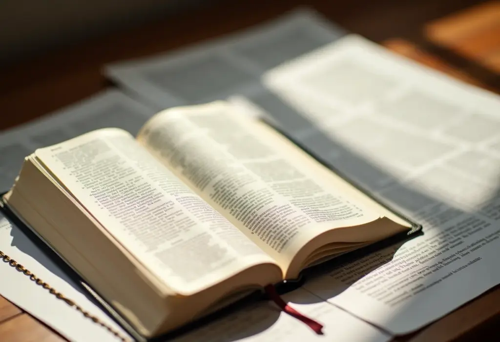 Religião x Família: Como a fé ainda molda suas decisões legais Livro religioso aberto ao lado de documentos legais e retrato de família.