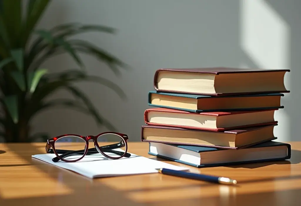 PNLD: O guia definitivo para entender o Programa Nacional do Livro Didático Livros didáticos empilhados com caneta e óculos em mesa de madeira.