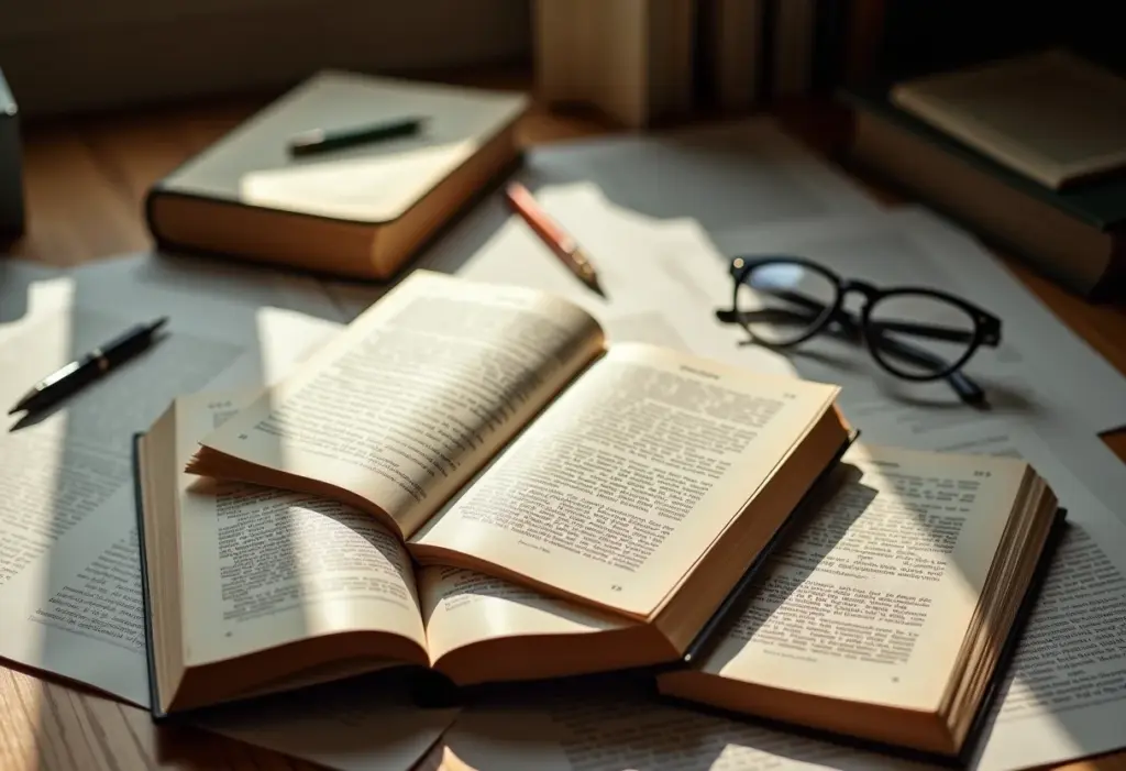 Referencial Teórico: O Guia Definitivo para Não Errar na Sua Tese Livros e anotações em uma mesa para representar referencial teórico