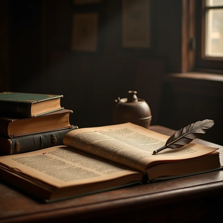 Livros e materiais escolares antigos em uma mesa de madeira.