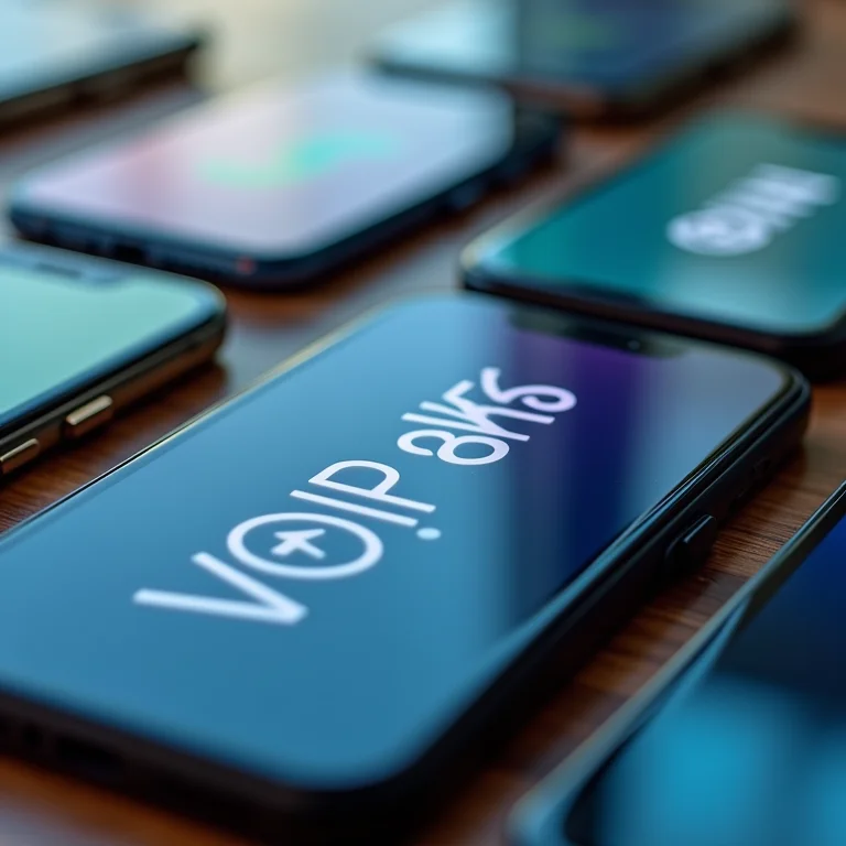 Logotipos de aplicativos VoIP em telas de smartphones.