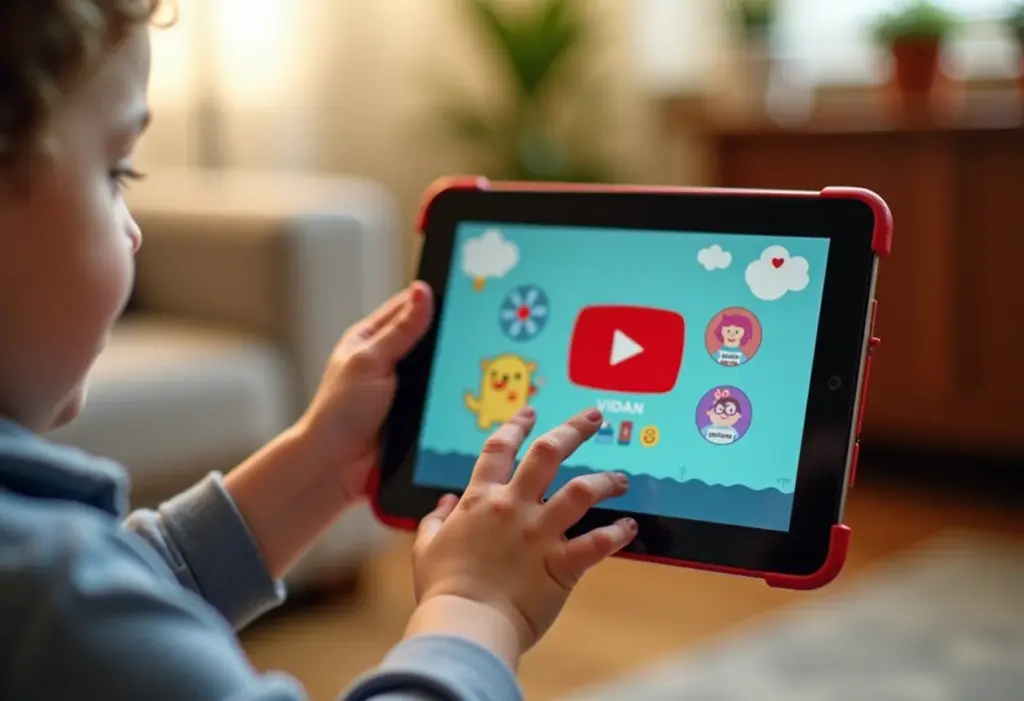 Mãos de criança alcançando tablet com Youtube Kids