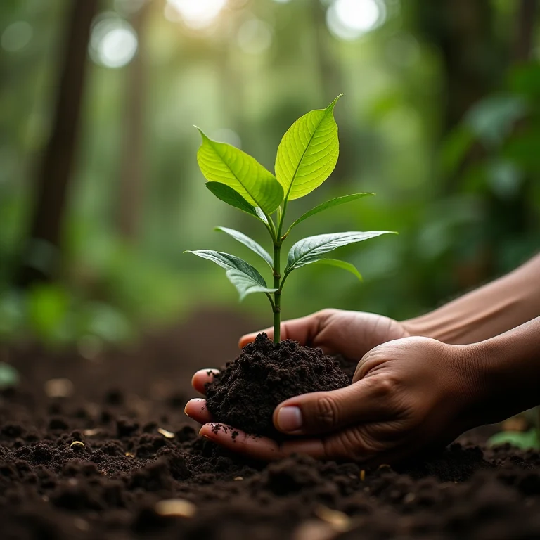 Mãos plantando árvores nativas na Amazônia