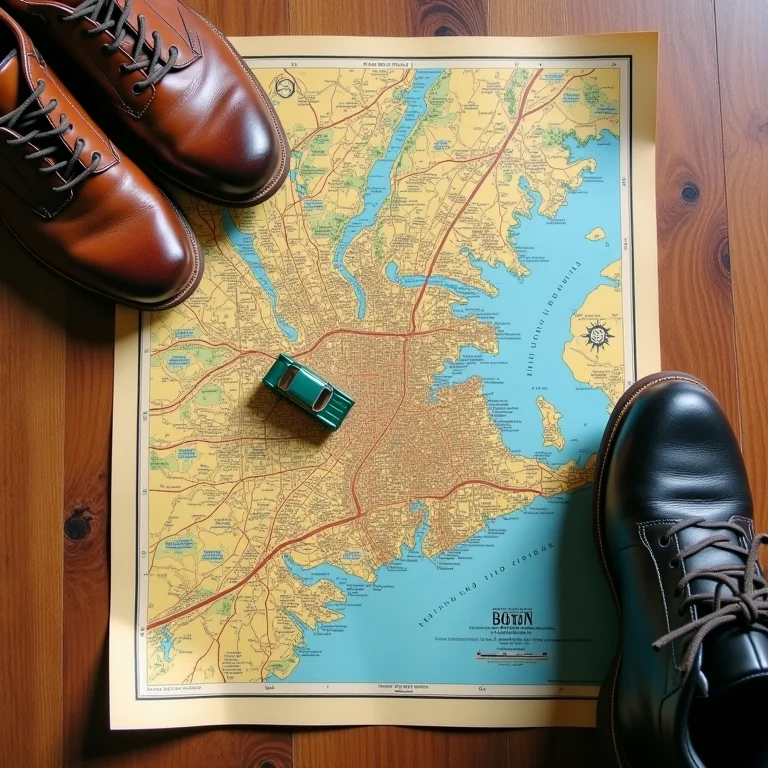Mapa de Boston com carro de brinquedo e tênis