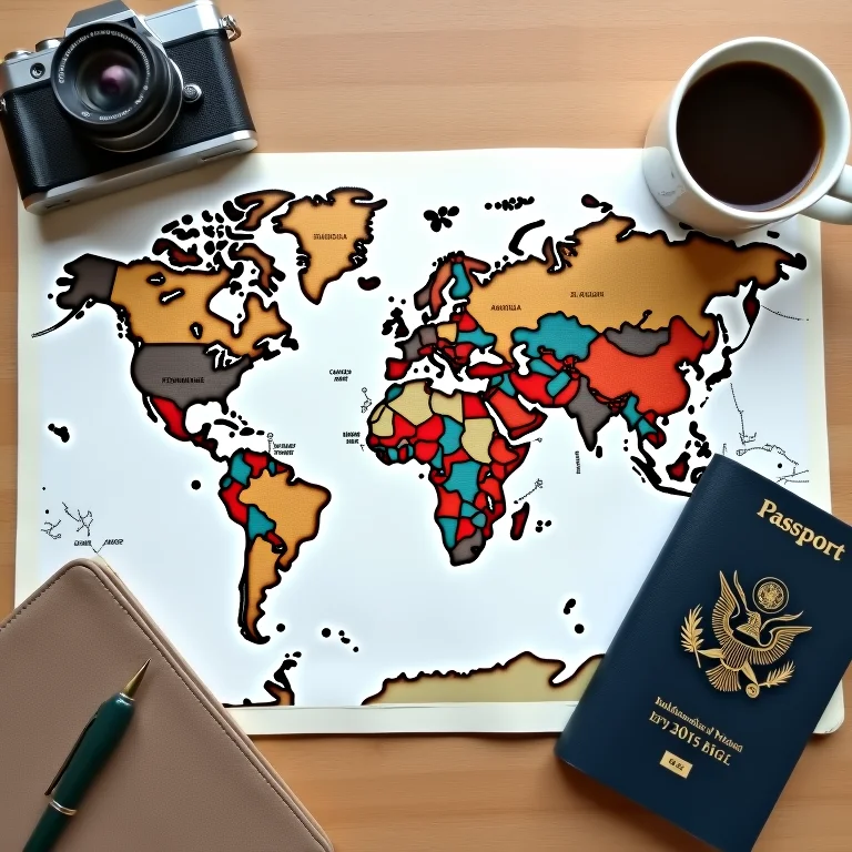 Mapa mundi com pins, journal de viagem, câmera e café