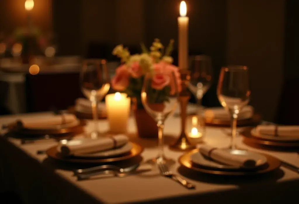Mesa posta para um jantar romântico com luz de velas e decoração elegante.