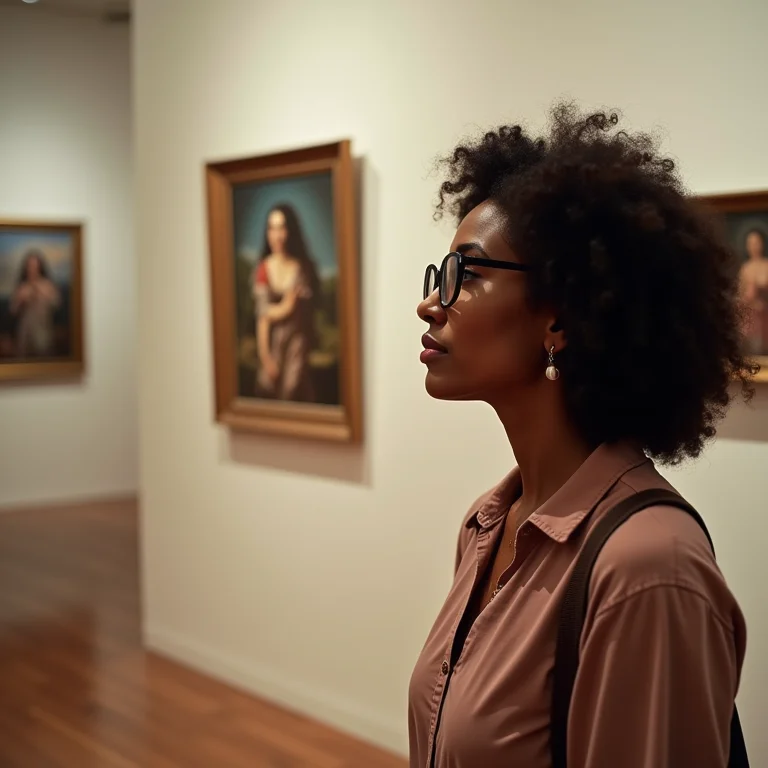 Mulher admirando obras de arte em galeria de Petrópolis