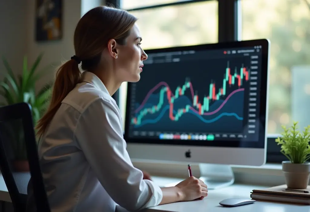Edição de vídeo: Domine suas finanças e multiplique seus lucros Mulher analisando gráficos financeiros em casa