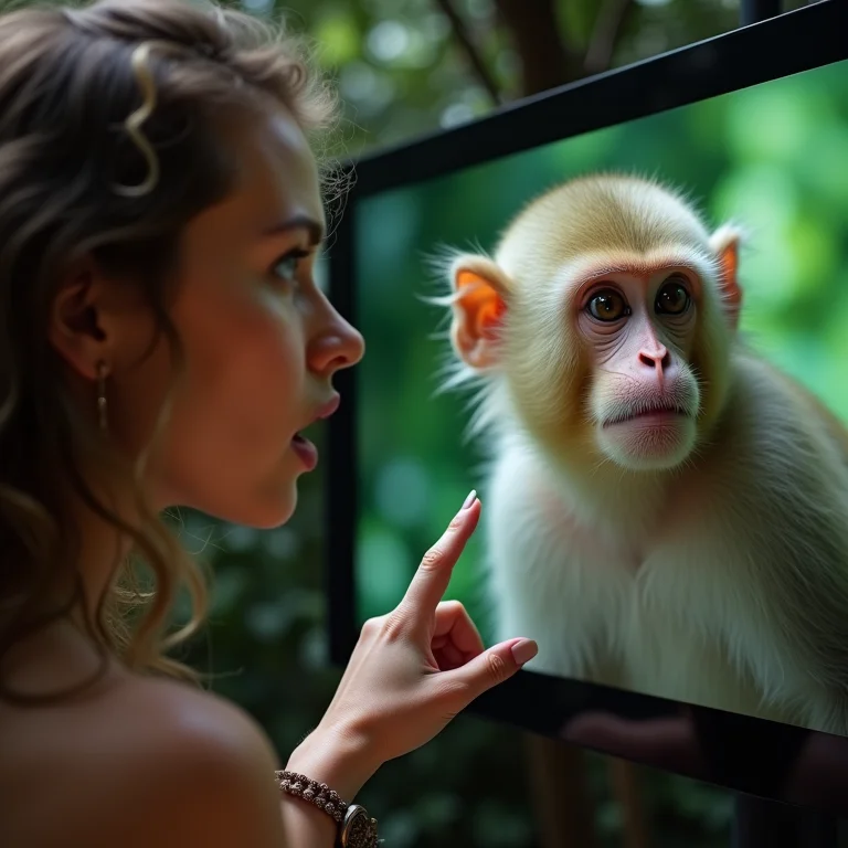 Mulher branca apontando para um Macaco Narigudo (Nasalis larvatus) em uma tela