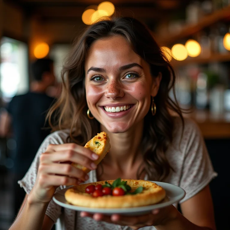 Mulher branca aproveitando tapas em bar local na Espanha.