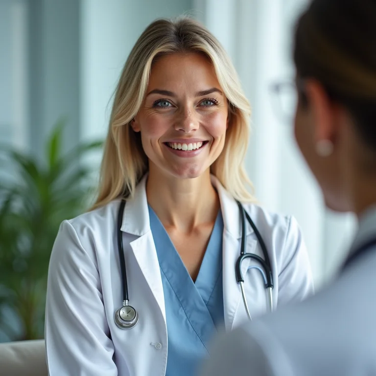 Mulher branca com sardas recebendo orientações médicas, representando o preparo endometrial para a implantação de ovócitos