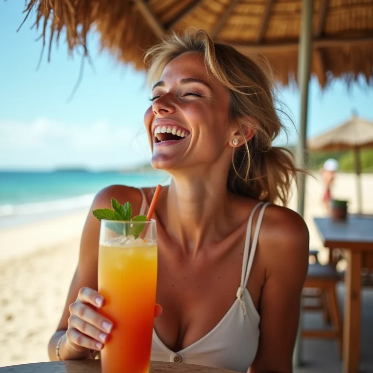 Mulher branca com sardas relaxando na Praia do Futuro em Fortaleza