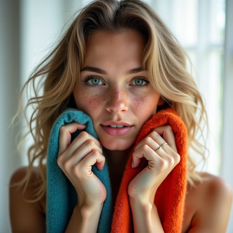 Mulher branca com sardas testando diferentes tecidos coloridos no rosto para descobrir sua paleta de cores.